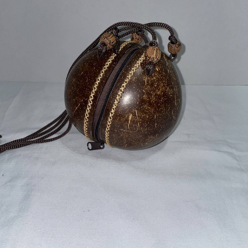 Natural‎ Coconut Shell Crossbody Bag Brown Spherical Tropical Boho Purse Small
